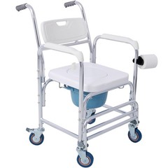4-in-1 Bedside Commode Shower Chair w/4 Brakes & Casters, Tissue/Crutch Holder