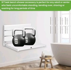 16″ Wall Mounted Shower Seat, White Teak Fold Down Bench for Elderly, Disabled
