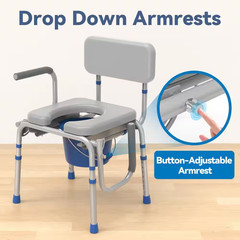 Gray Drop Arm Bedside Commode with Padded Seat, Backrest, Removable Bucket and A