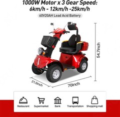 1000W 60V 4 Wheels Travel Mobility Scooter 20AH Battery Motor for Adult Senior