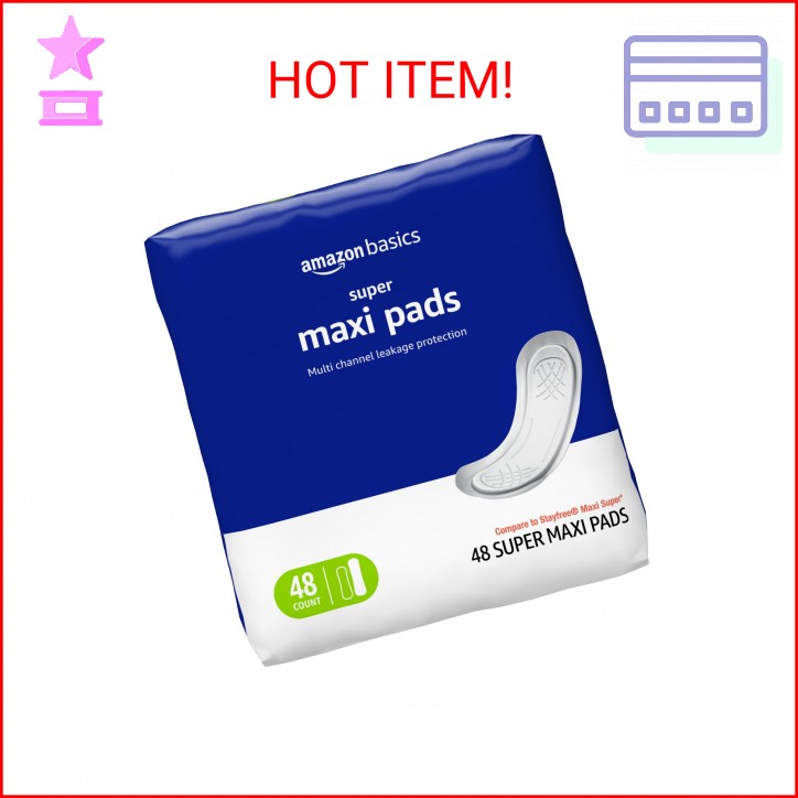 Amazon Basics Maxi Pads For Periods- Thick, Super Absorbency, Unscented, 48 Coun