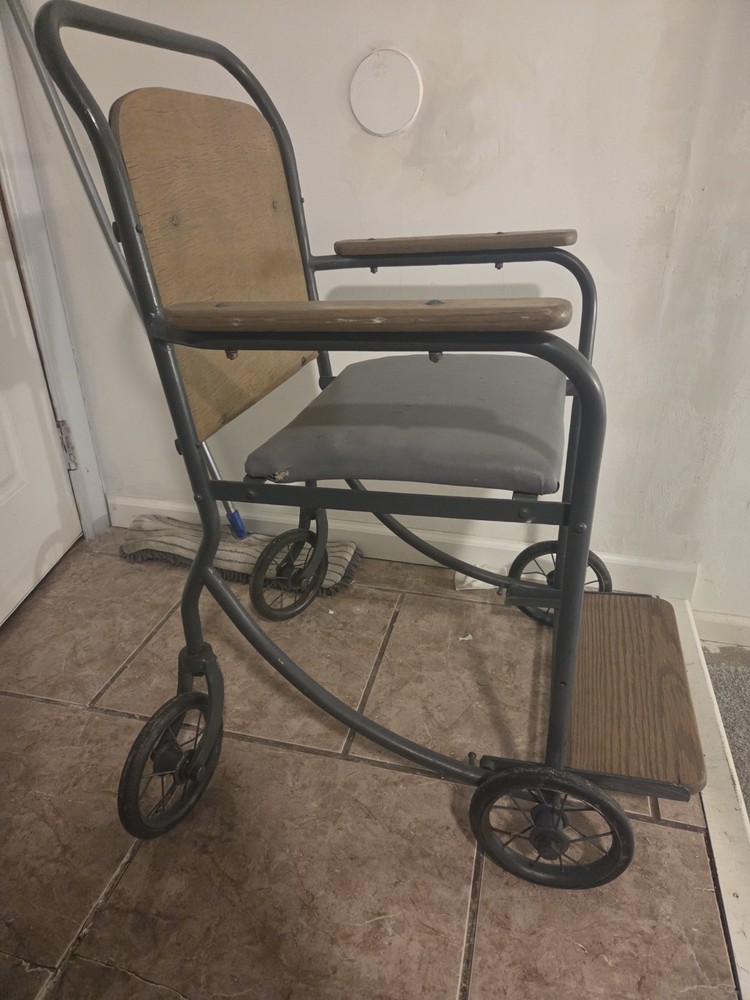 Steel Wood Transport Wheelchair, 4 Wheels, Wooden Back, Gray Brown