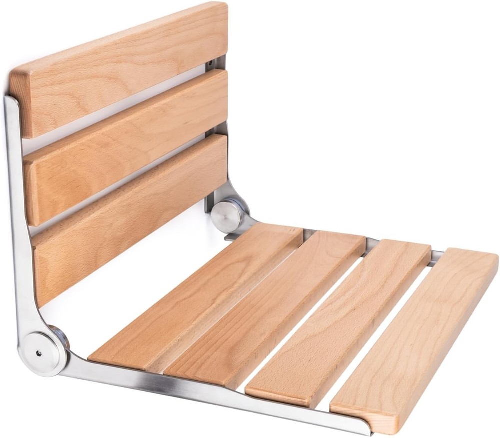 Jamini Folding Shower Seat 16in Beech Wood Wall Mount 330lb Heavy Duty
