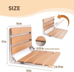 Jamini Folding Shower Seat 16in Beech Wood Wall Mount 330lb Heavy Duty
