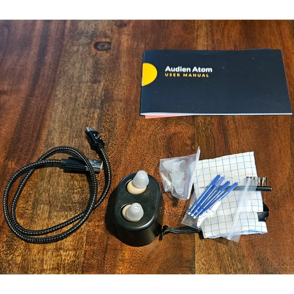 Audien Atom OTC Hearing Aids Pair with Charging Case for Parts or Repair