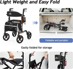 Foldable Rollator Walker w/ 8″ All Terrain Rubber Wheels w/ seat and backrest