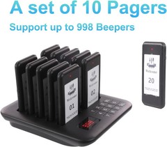 Restaurant Pager System, 10 Wireless Pagers, Touch Keyboard Calling Customers Wa
