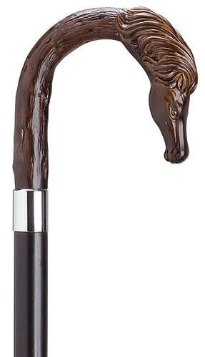Harvy Made in Italy Brown Crook horse Head on Black Hardwood Shaft Walking Cane