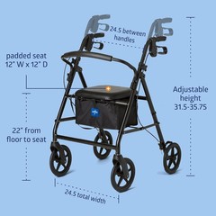 Medline Aluminum Rollator Walker, Burgundy, 300 lb. Weight Capacity, 8” Wheels