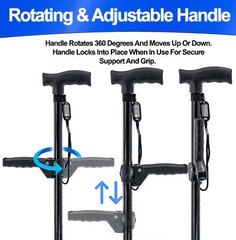 Walking Stick Cane Quad Four Prong Base, Adjustable Dual Handle, Self Standing