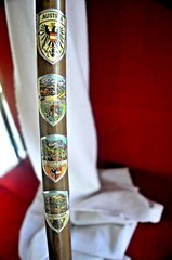 WOOD CANE WITH ELEVEN (11 ) HAND PAINTED ENAMEL METAL BADGE’S (GERMANY )