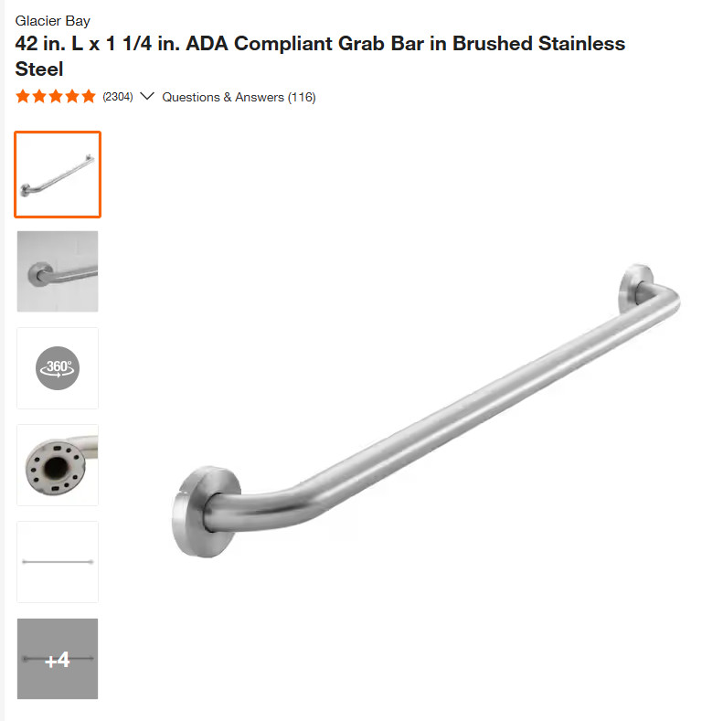 Glacier Bay 42 in. L 1 1/4 in. ADA Compliant Grab Bar in Brushed Stainless Steel