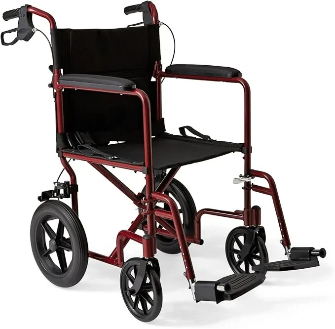 Medline Lightweight Foldable Transport Wheelchair Hand Brakes 12in Wheels Red.