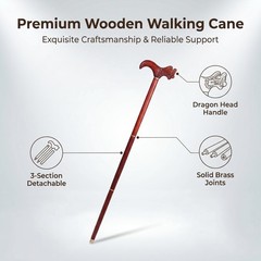 Handcrafted Solid Wood Walking Cane, 3-Section Detachable Brass Joints, Carve…