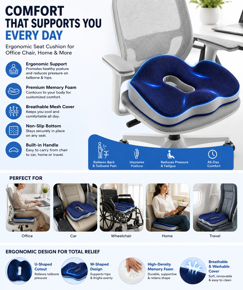 Memory Foam Seat Cushion for Tailbone & Lower Back Pain Relief | Contoured Desig