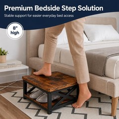 8 Inch Wooden Step Stool Bedside Rustic Brown 500 lbs Steel Frame AntiSlip