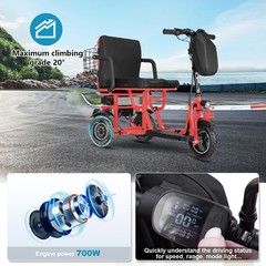700W Dual Motor 3-Wheels Folding Senior Electric Mobility Scooter 48V/10Ah 300lb
