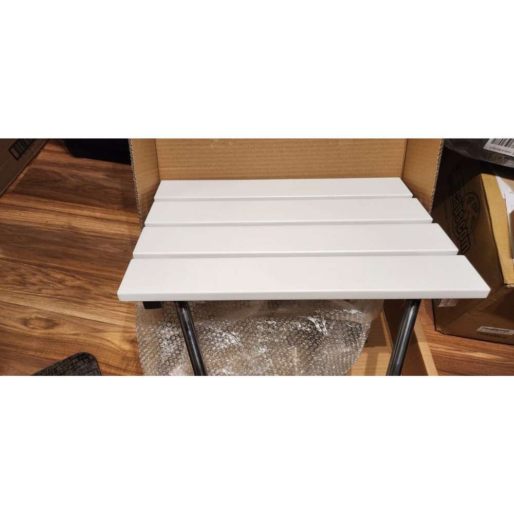 Wall Mounted Folding Shower Seat Bench – White Slatted w/ Stainless Steel Frame