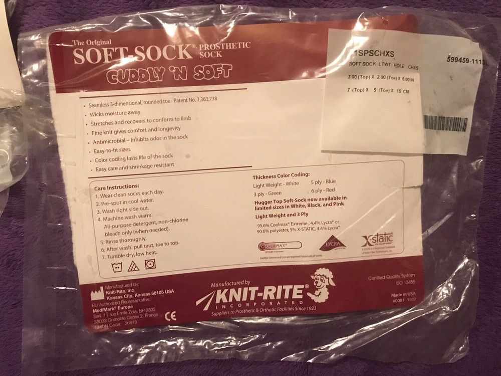 6-NEW Knit-Rite Soft Sock Prosthetic Sock 3 Ply Hole 1SPSCSHXS Child Size XS.
