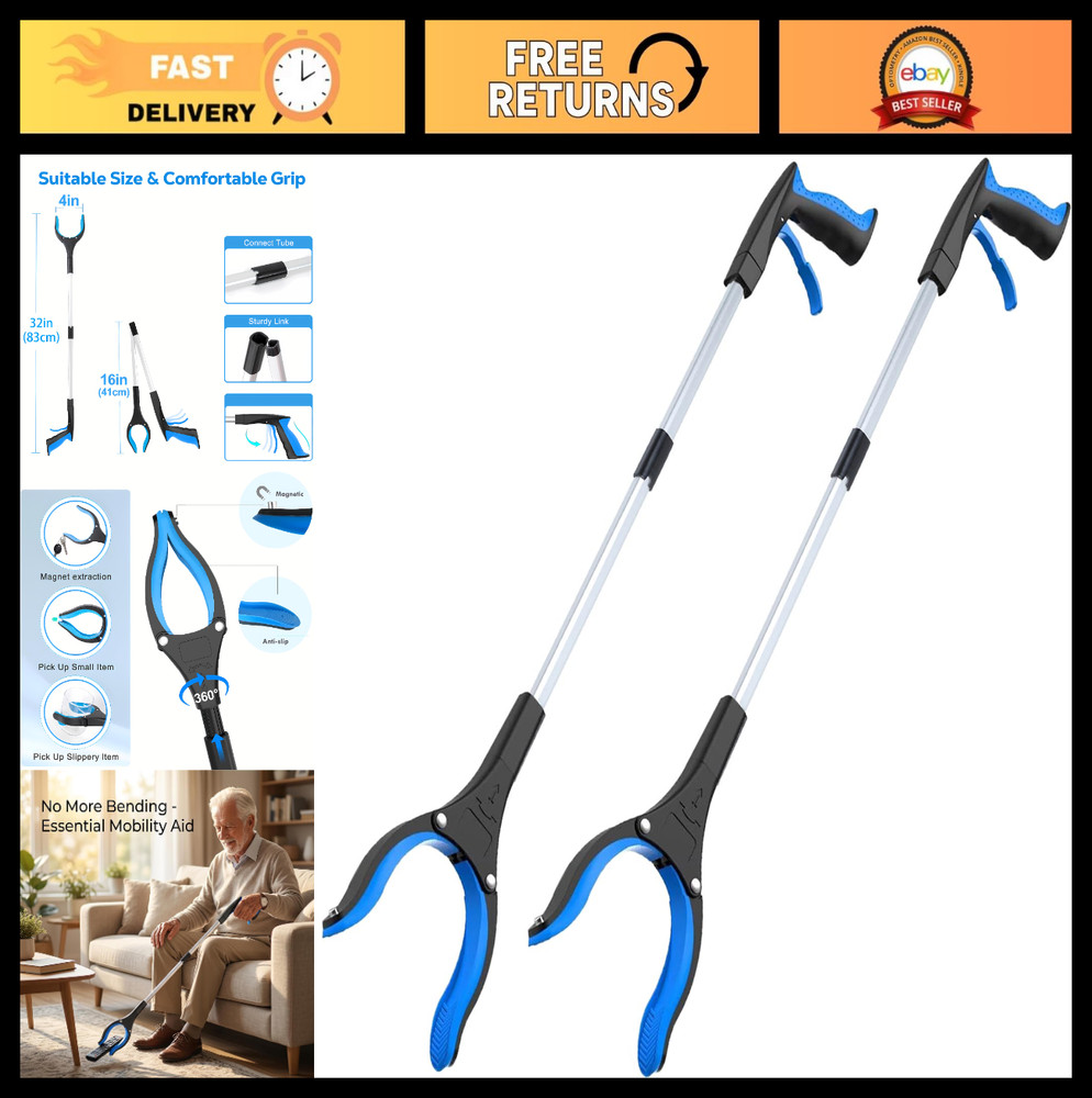 32″ Foldable Grabber Reacher Tool 2-Pack, 360° Rotating Jaw, Magnetic Tip, Heavy