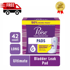 Poise Adult Incontinence Pads Women, 6 Drop Ultimate Absorbency, Long, 42 Count