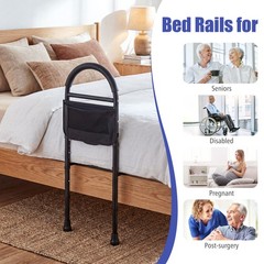 Height Adjustable Bed Rails for Elderly Safety w/Non-slip Handle Storage Pocket