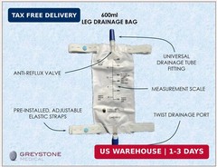Greystone Urinary Leg Bag 600ml – 3 Count – Urine Collection Bag for Catheter wi