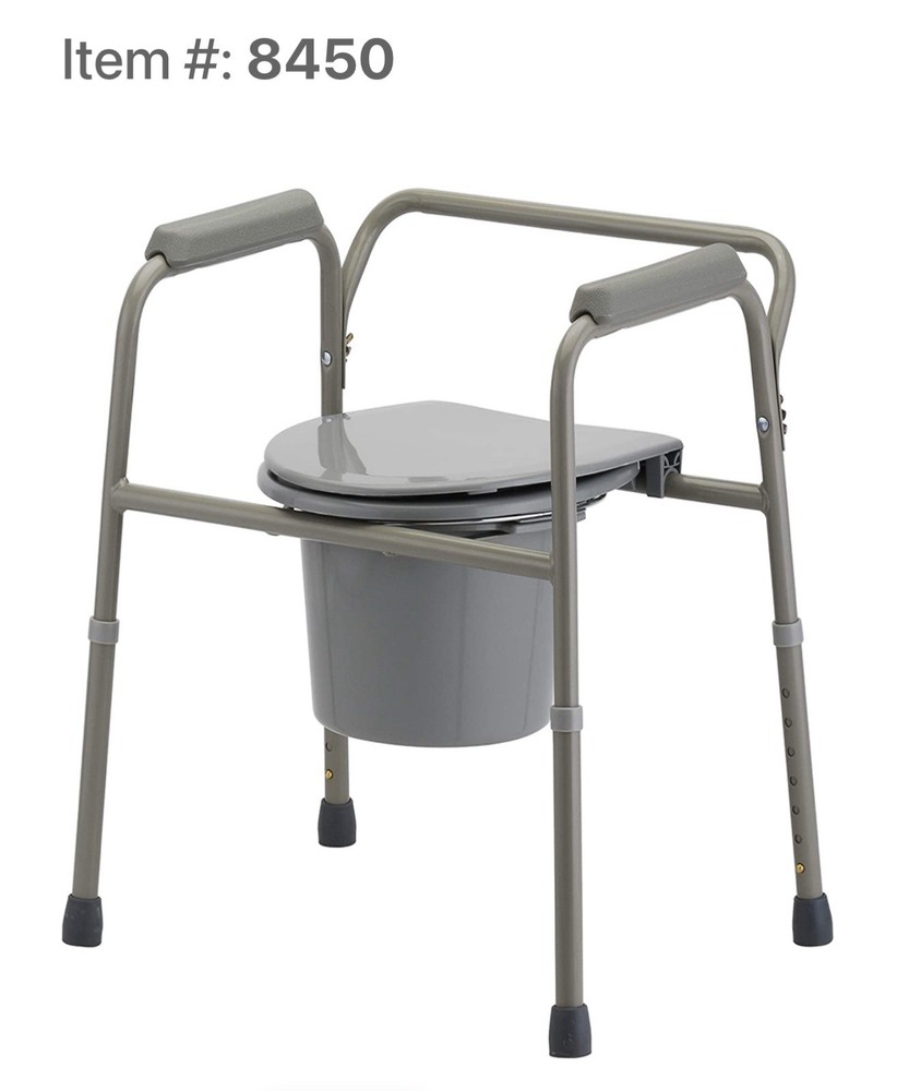 3-in-1 Bedside Commode, Adjustable Height, Steel Frame, 350 lb, Gray Nova 8450