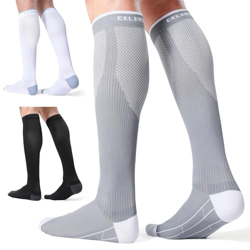 CelerSport 3 Pairs Compression Socks for Men Large-X-Large Black + White + Grey