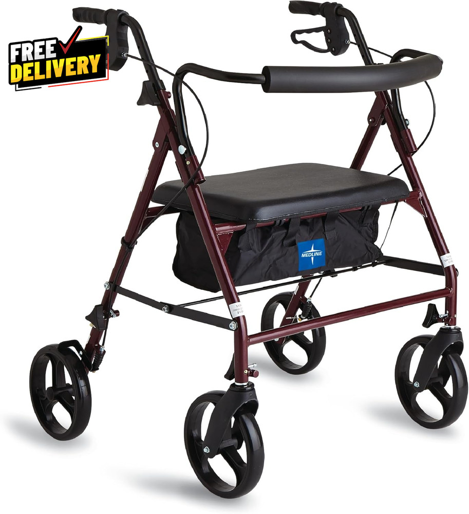 Large Steel Bariatric Rollator Walker with Adjustable Handles Padded Seat & B…