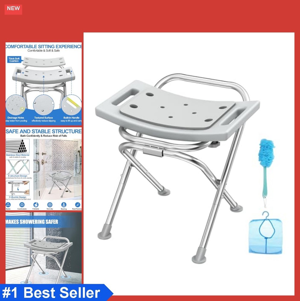 Folding Shower Chair 17.5 Inch Stainless Steel 400lbs Anti-Slip Bath Stool with