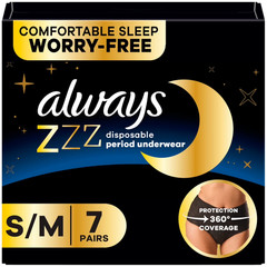 Always ZZZ Overnight Period Underwear S/M 7 Ct Leak Protection Women