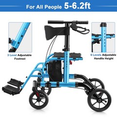2-in-1 Rollator Walker & Transport Chair for Seniors with Seat, 10″ Wheels Blue