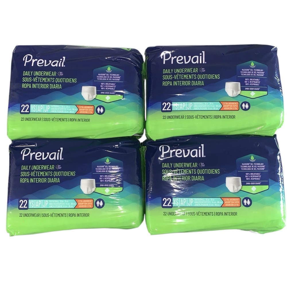 4 Packages Prevail PV511 Incontinence Pants 22 Count Each 88 Total Youth Small