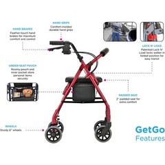 NOVA Classic Rollator Walker for Seniors, Lightweight Adjustable Height RED