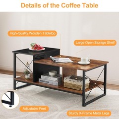 Vecelo Wood 2-Tier Black Coffee Table Storage Shelf For Living Room/Office