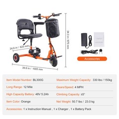 Foldable 3 Wheel Mobility Scooter for Seniors Portable Electric Powered Scooters