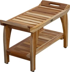 Solid Teak Shower Bench w/Shelf Arms Scandinavian Vibe Bath Spa Safety Seat 24″