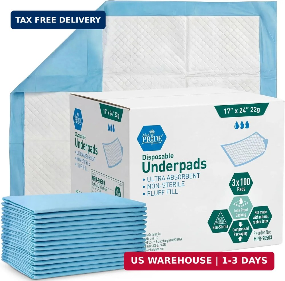 Medpride Disposable Underpads 17“ x 24“ (100-Count) Incontinence Pads, Bed Cov