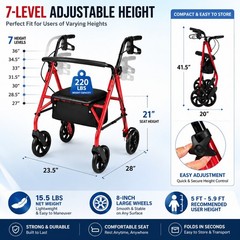 2-in-1 Rollator Walker with Seat, Foldable, 8″ Wheels, Adjustable Height