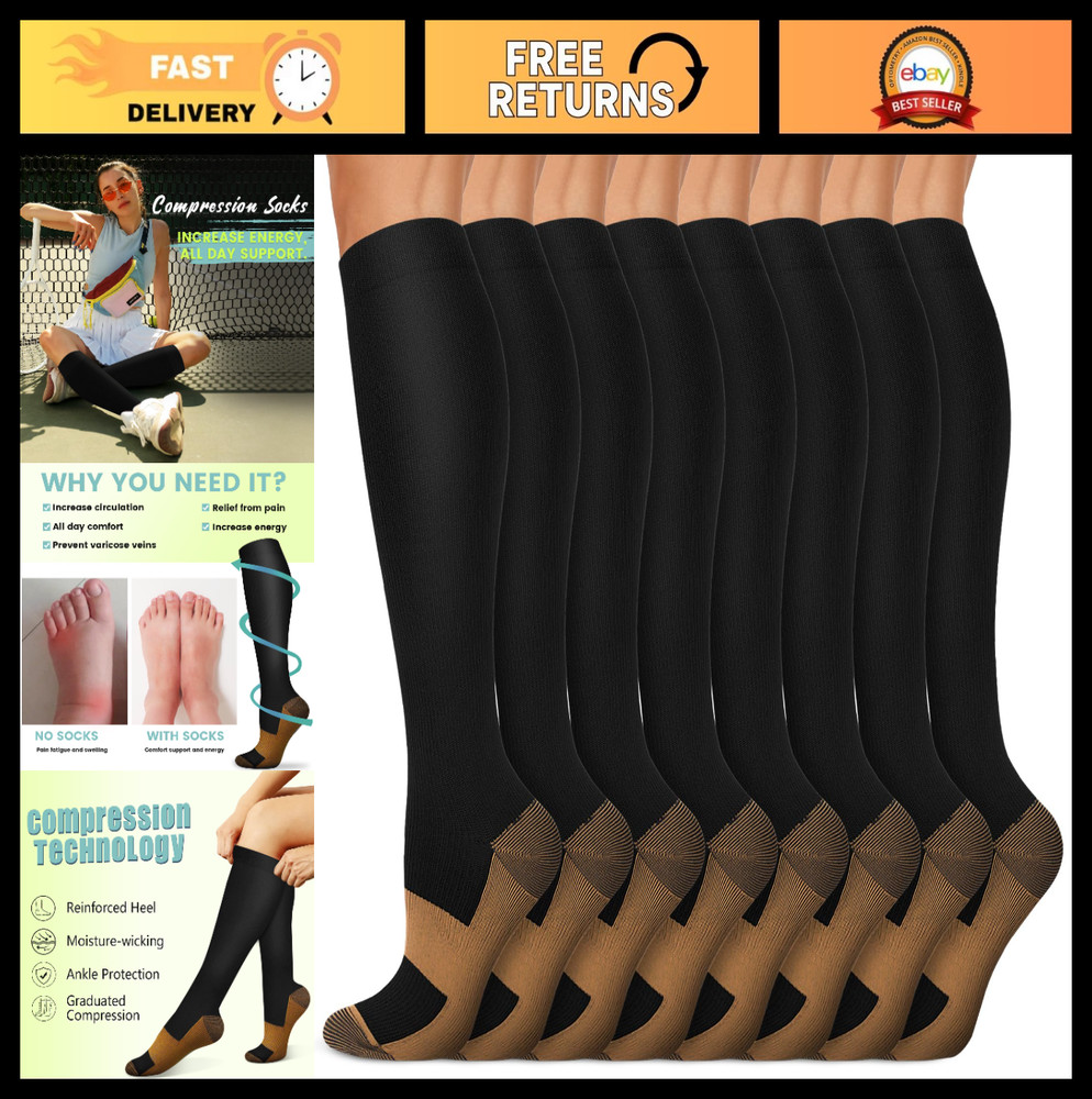 Compression Socks 15-20 mmHg for Men & Women – 8 Pairs for Circulation, Travel,