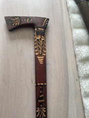 Vintage Polish Folk Art Zakopane Hand Carved Wood Walking Cane Axe Hatchet