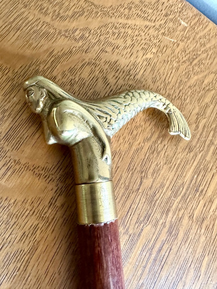 Solid Brass Mermaid Head Cane Handle with Secret Compartment ~ Mermaid Top Sect