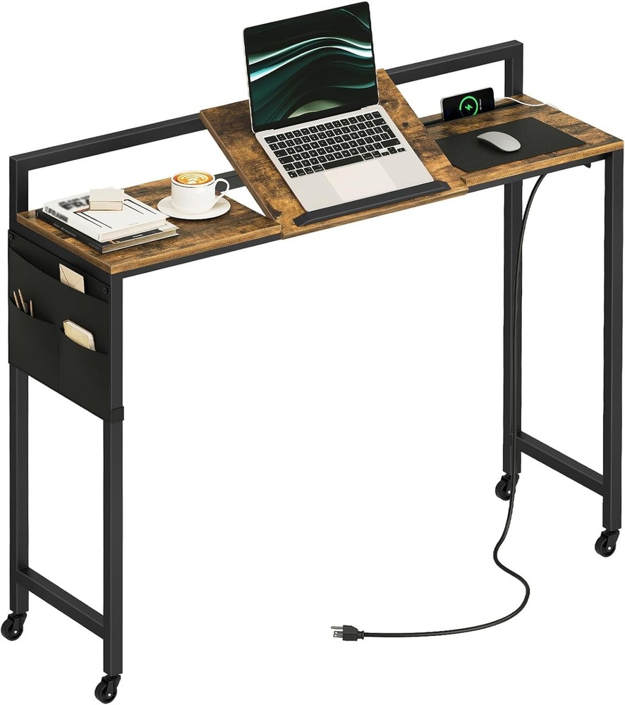 Recliner Table Overbed Table W/ Charging Station & Wheels Over The Bed Desk
