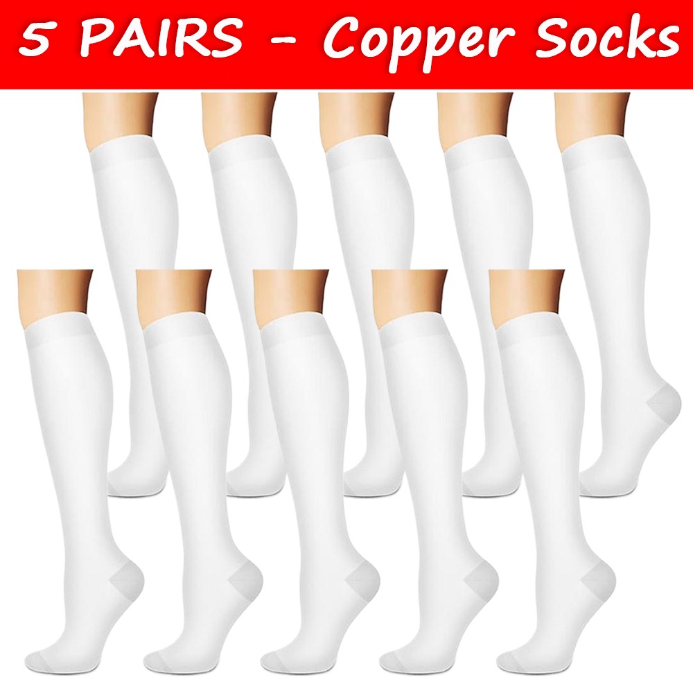 5 Pairs Copper Compression Socks 20-30mmHg Graduated Support Mens Womens S/M-XXL