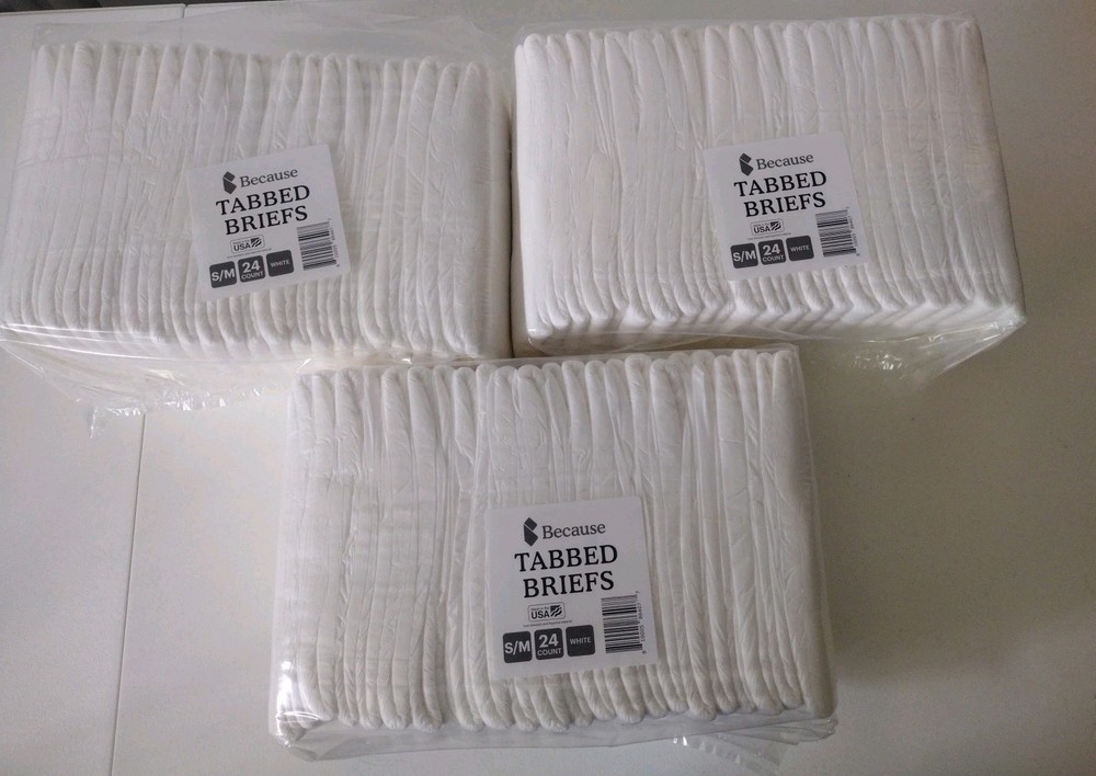72 Count- Because Adult Incontinence Tabbed Briefs Small/Medium Adjustable Holds