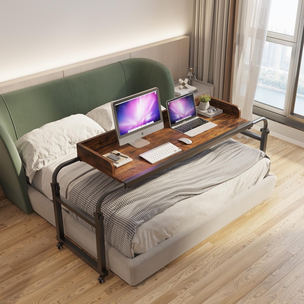 Overbed Table with Wheels, Modern Style, Brown, 55.1-82.7×25.6×18.1 inches, 3…