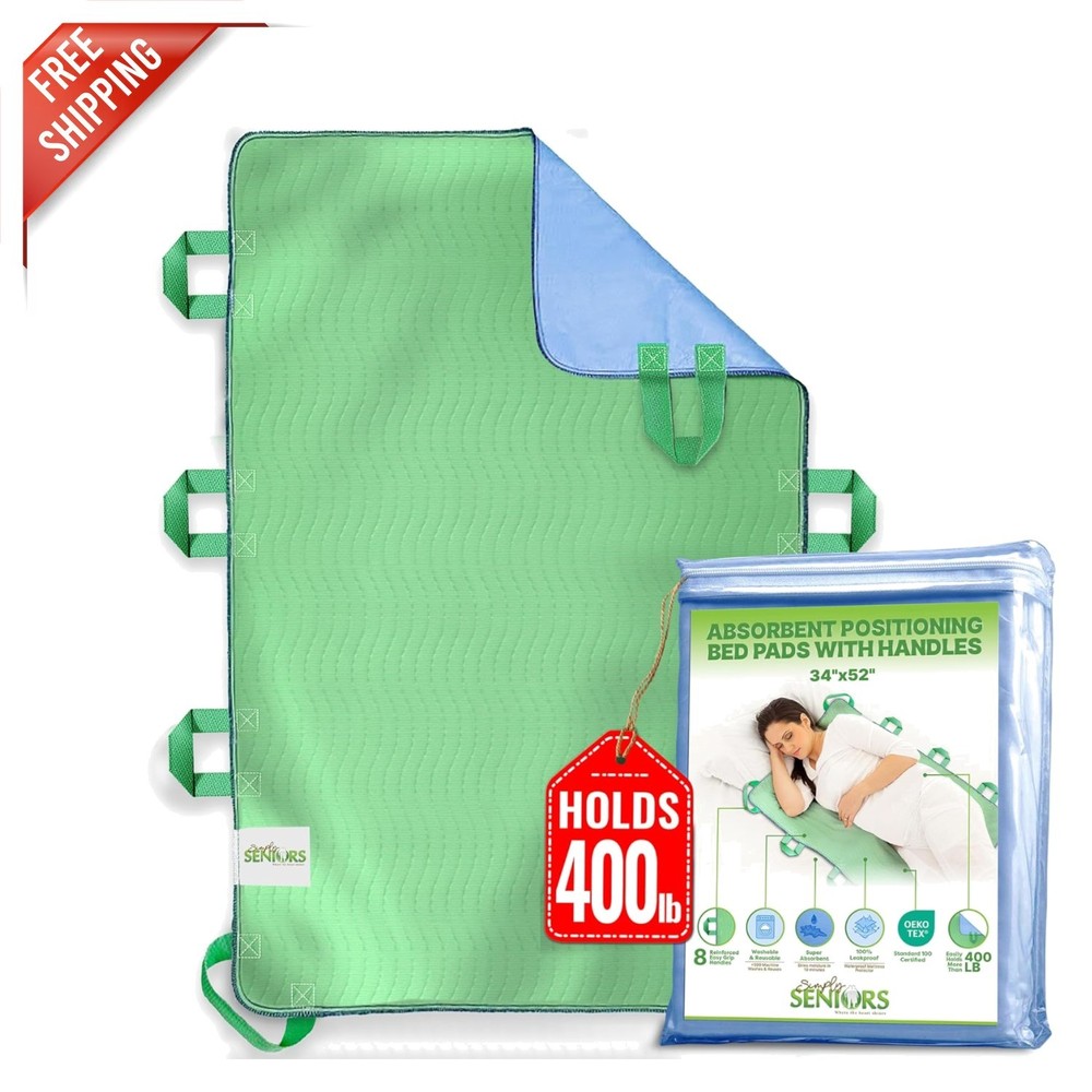 Waterproof 34″x52″ Bed Pads for Seniors – Absorbent & Lightweight with 8 Handles