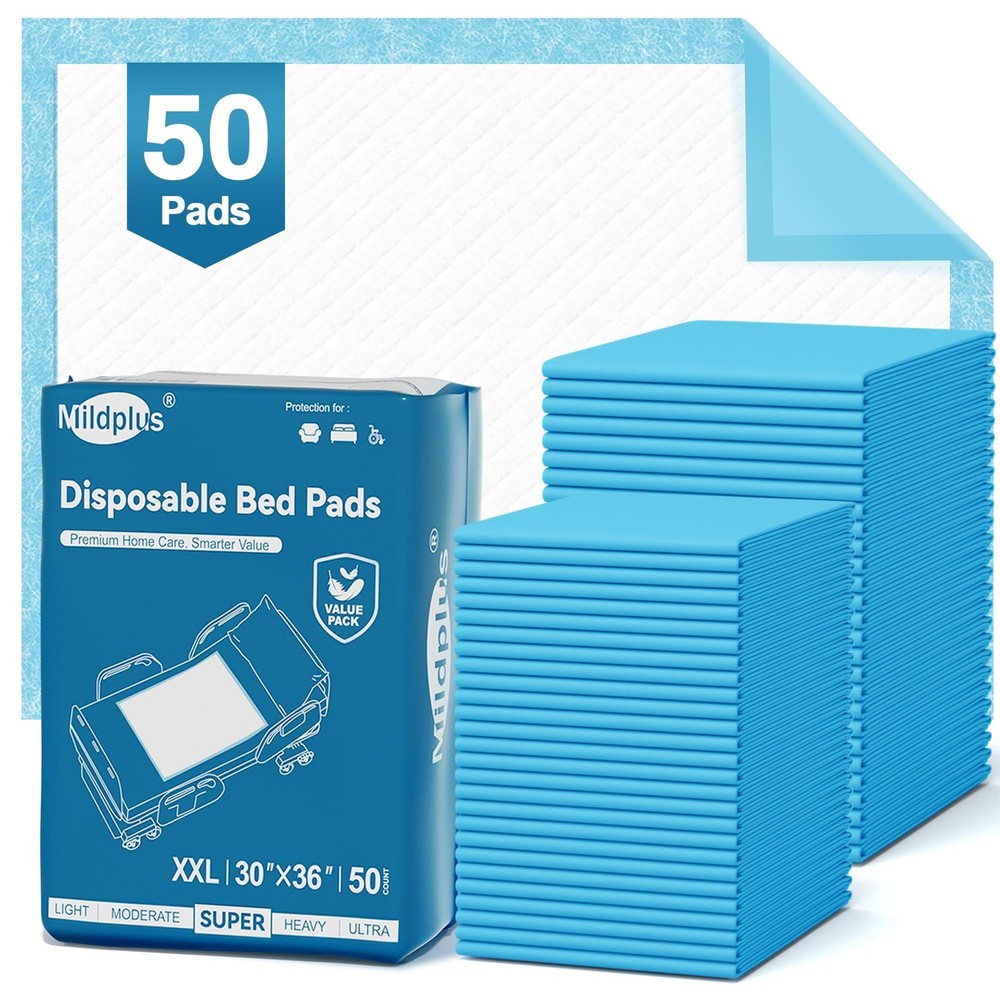 50 Count Disposable Bed Pads 30“X36“ MILDPLUS 30″×36″ (50 Count), Blue