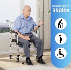 4-in-1 Adjustable Height Bedside Commode or Shower Chair w/ Wheels, 350 lb